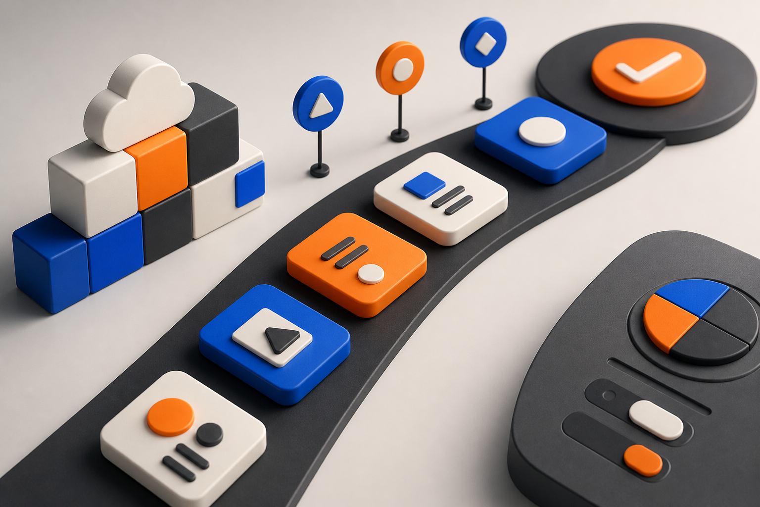 Abstract task modules moving through an organized workflow